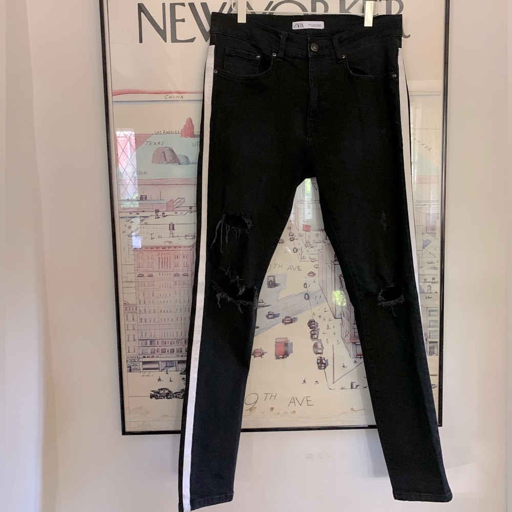 Zara black denim with paint stripe down sides and ripped knees size 32